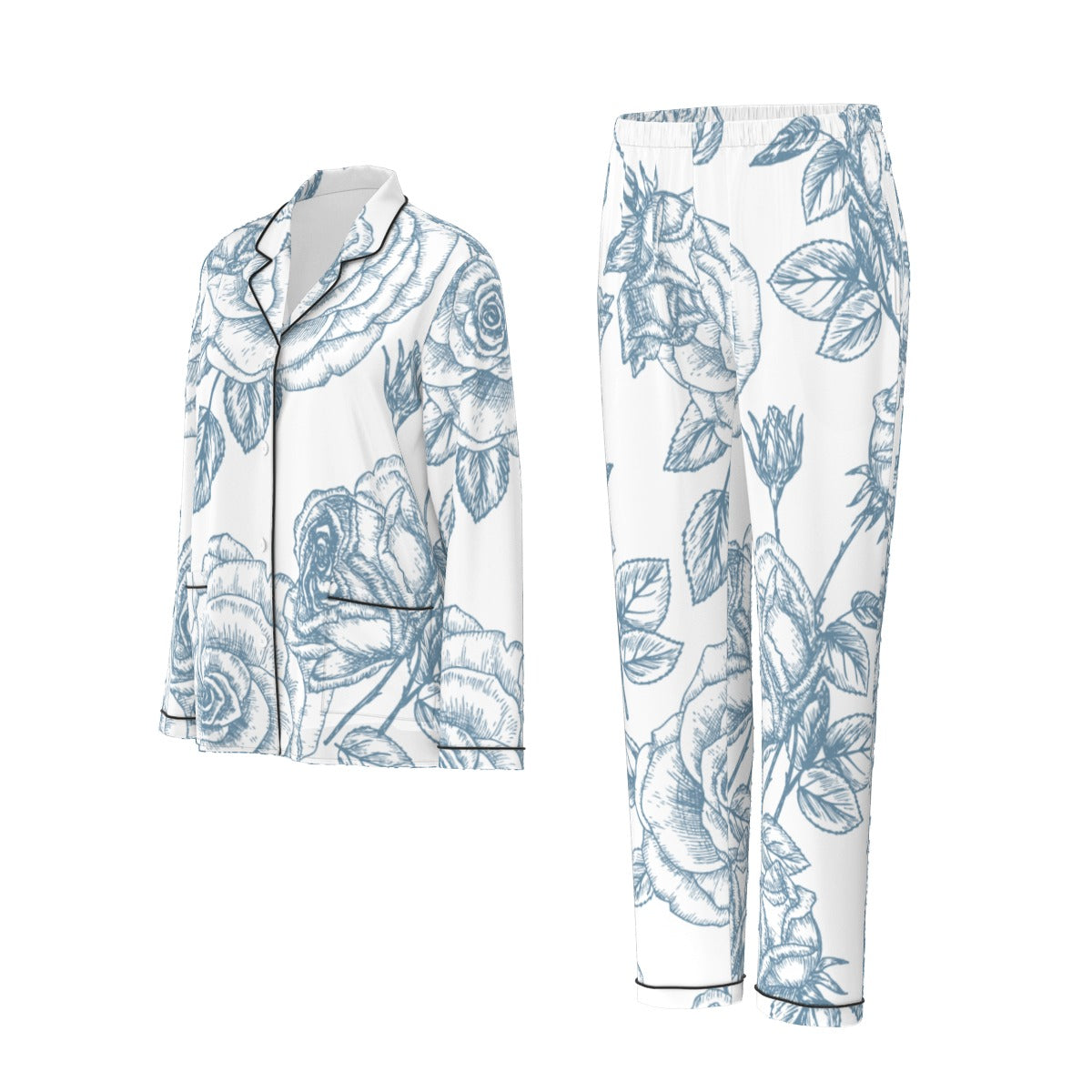 All-Over Print Women's Long Sleeve Pajama Set With Black Contrast Piping