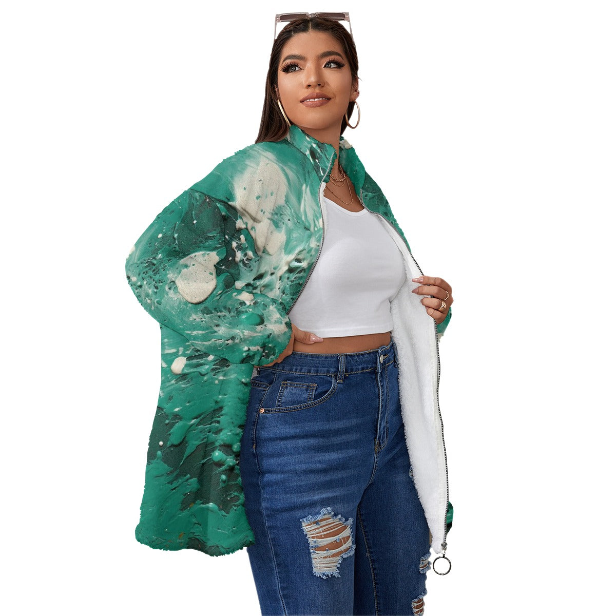 All-Over Print Unisex Borg Fleece Stand-up Collar Coat With Zipper Closure(Plus Size)