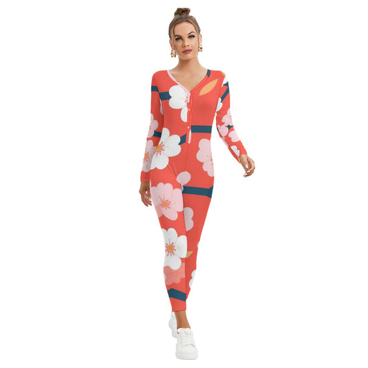 All-Over Print Women's Plunging Neck Jumpsuit