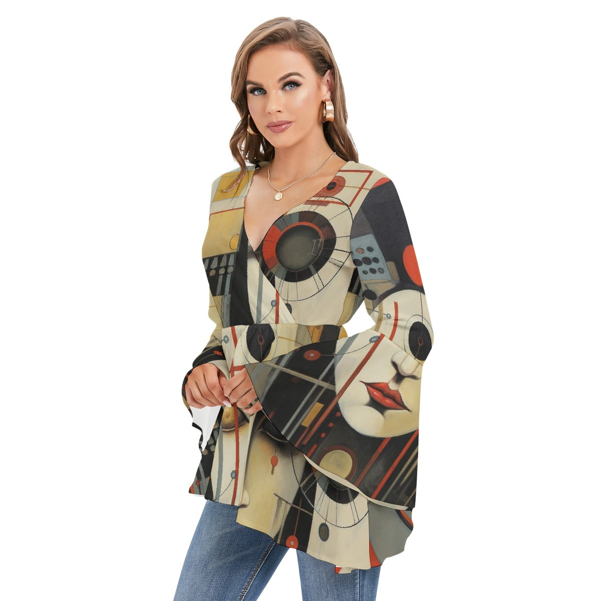 All-Over Print Women's V-neck Blouse With Flared Sleeves