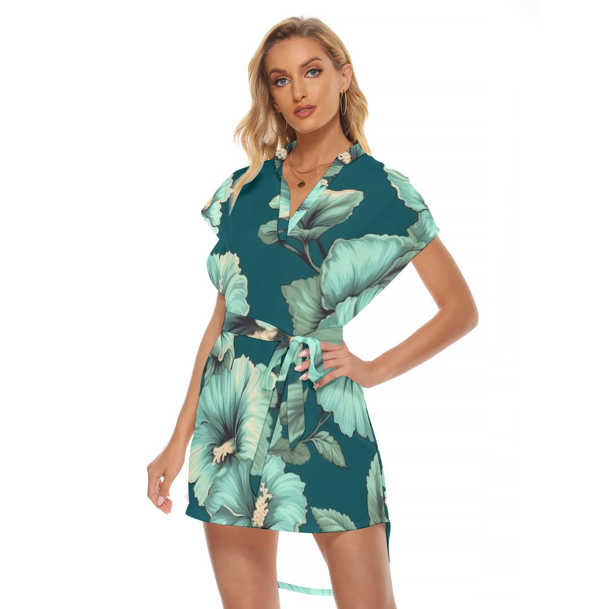 All-Over Print Women's Stand-up Collar Casual Dress With Belt