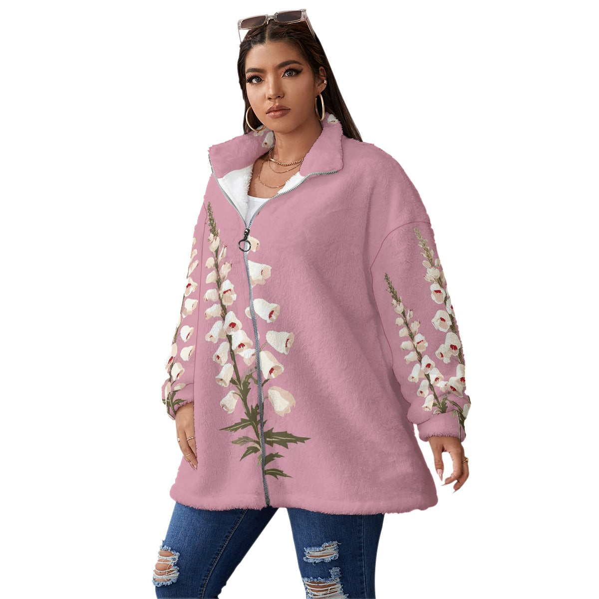 All-Over Print Unisex Borg Fleece Stand-up Collar Coat With Zipper Closure(Plus Size)