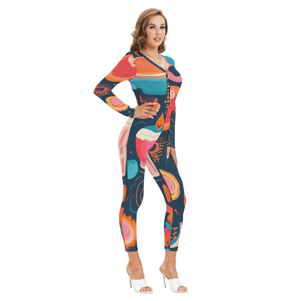 All-Over Print Women's Plunging Neck Jumpsuit