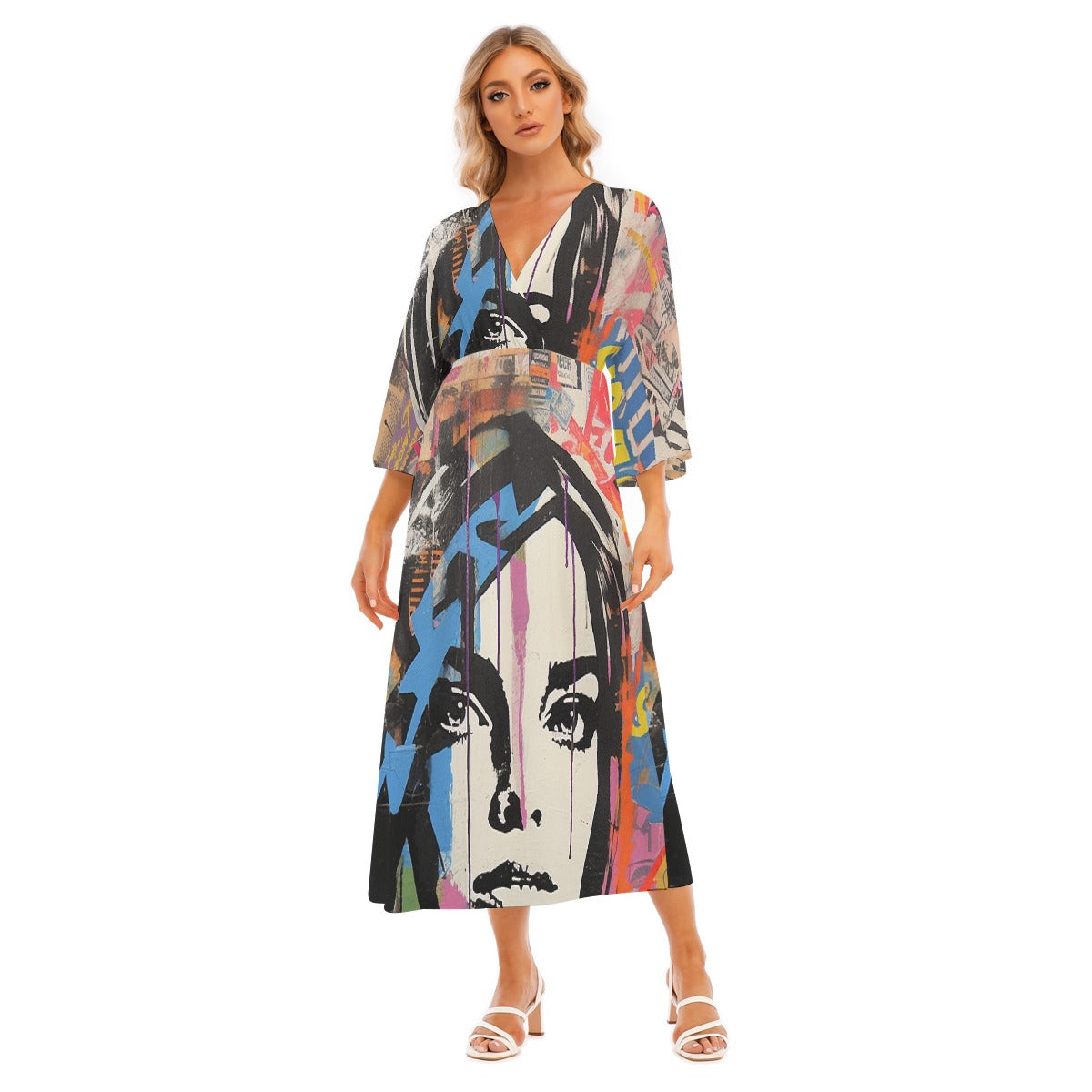 All-Over Print Women's Mid-Sleeve Long Dress