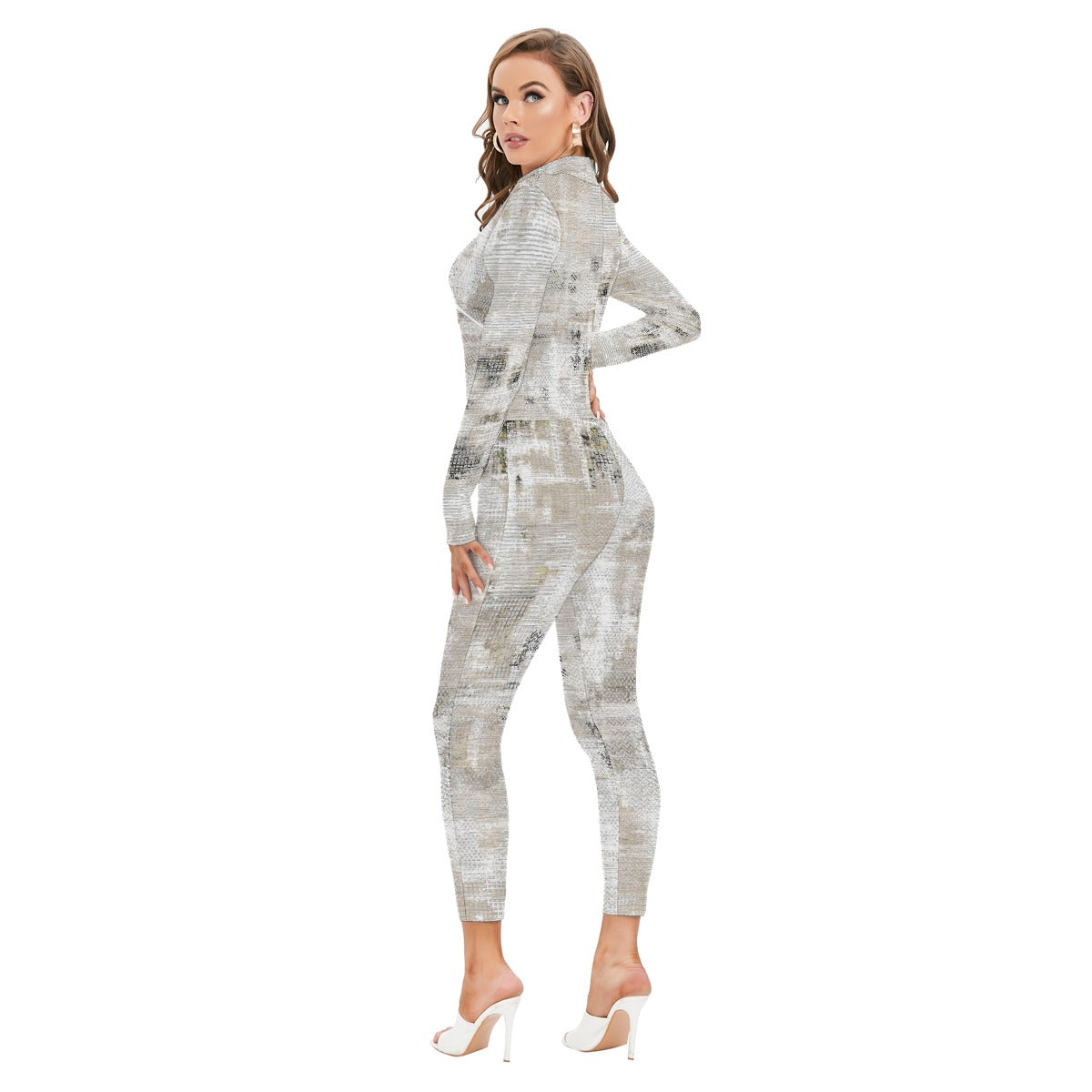 All-Over Print Women's Long-sleeved High-neck Jumpsuit With Zipper