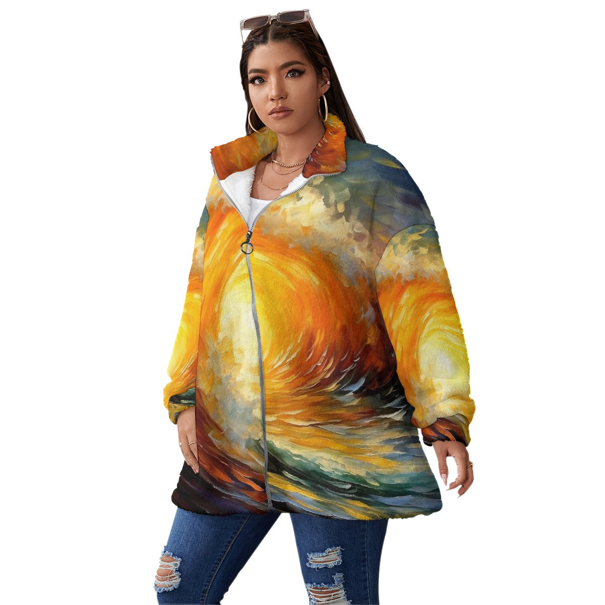 All-Over Print Unisex Borg Fleece Stand-up Collar Coat With Zipper Closure(Plus Size)