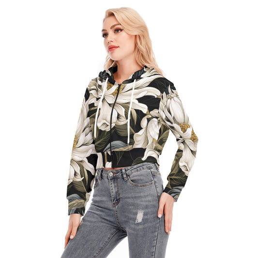 All-Over Print Women's Crop Top Hoodie With Zipper Closure