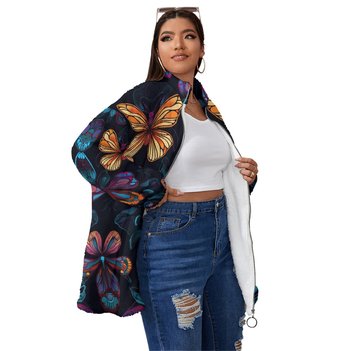 All-Over Print Unisex Borg Fleece Stand-up Collar Coat With Zipper Closure(Plus Size)