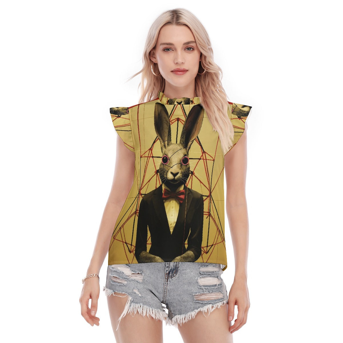 All-Over Print Women's Blouse With Ruffle Collar And Sleeve