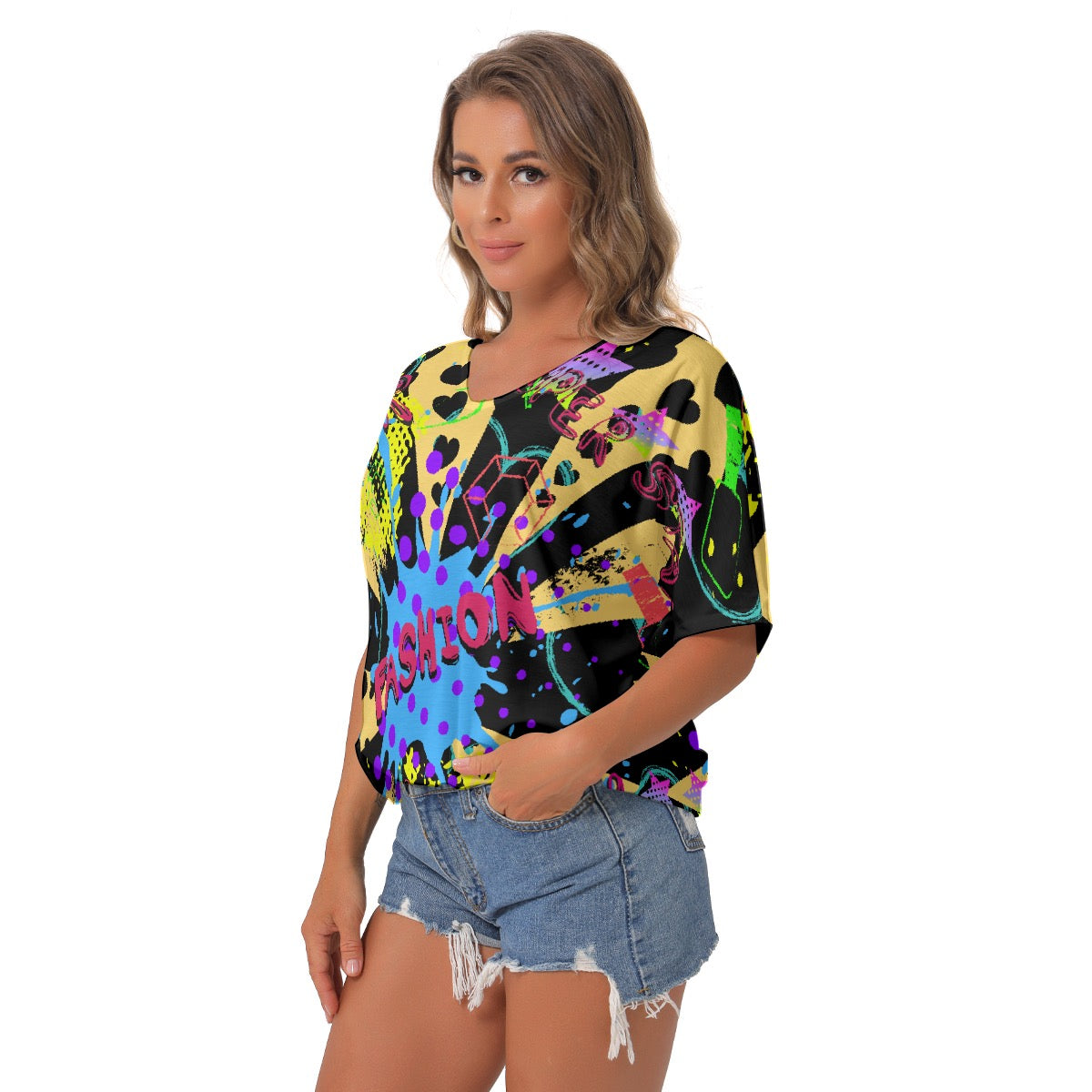 All-Over Print Women's Bat Sleeves V-Neck Blouse