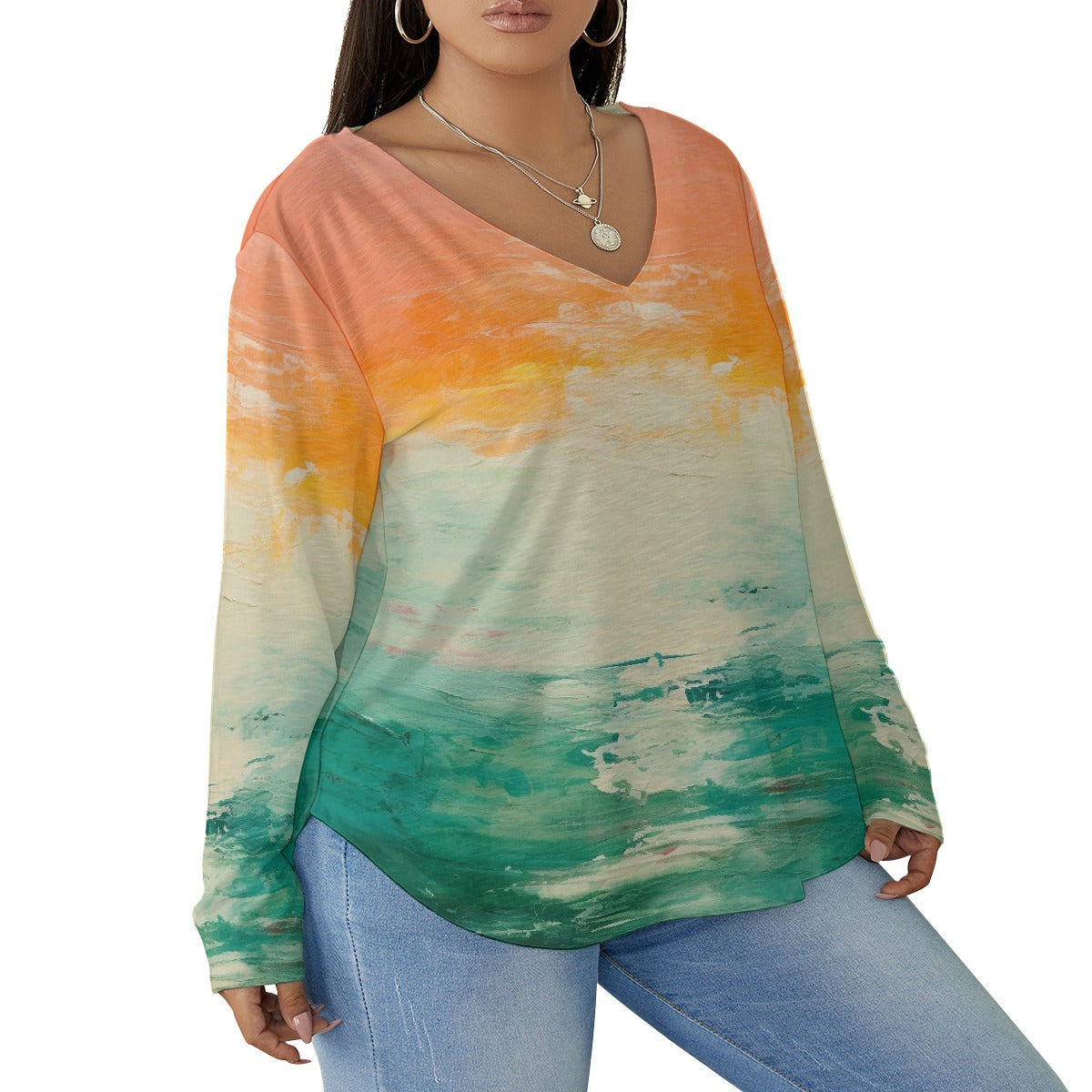 All-Over Print Women's V-neck T-shirt With Curved Hem(Plus Size)