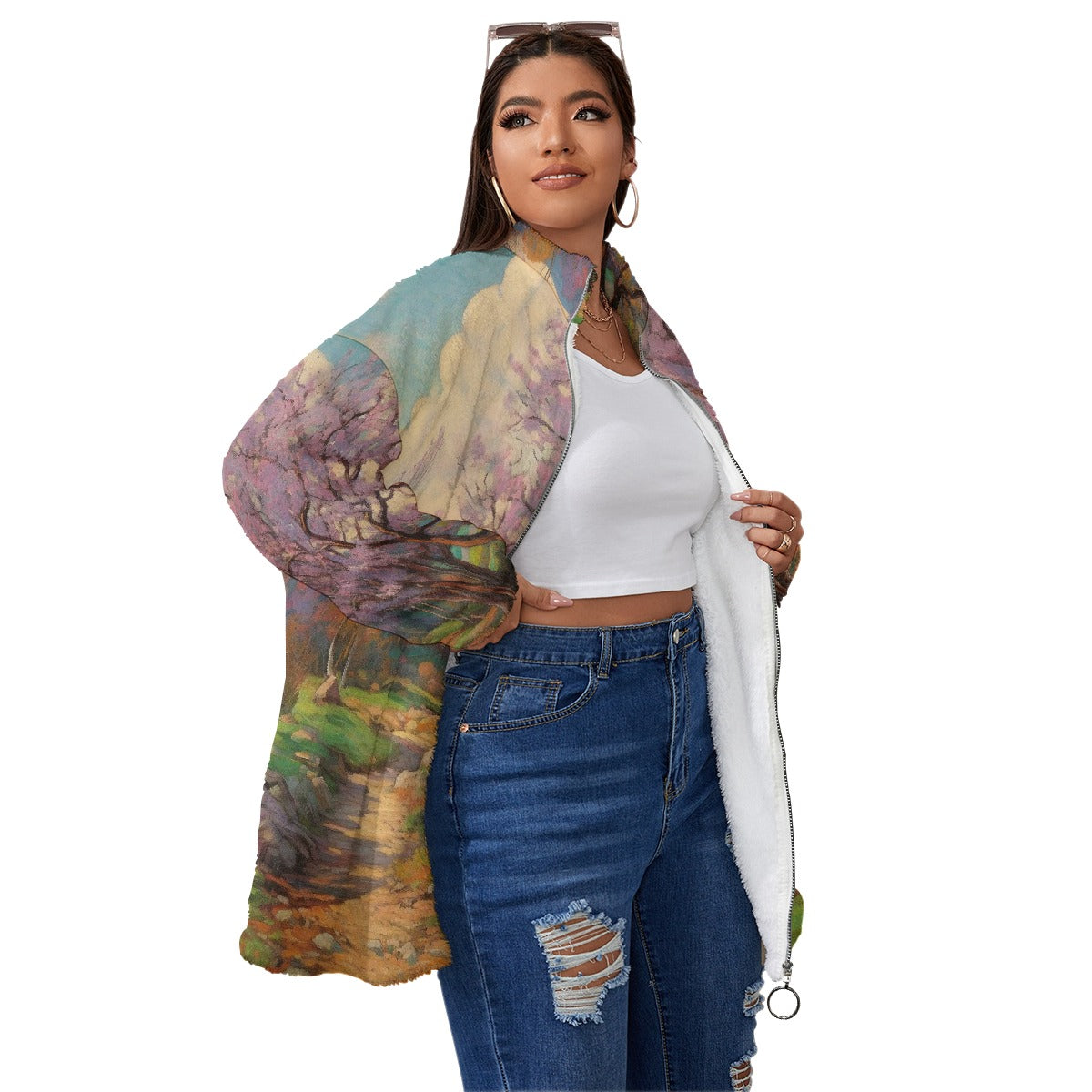 All-Over Print Unisex Borg Fleece Stand-up Collar Coat With Zipper Closure(Plus Size)