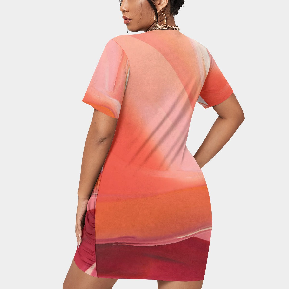 All-Over Print Women’s Stacked Hem Dress With Short Sleeve（Plus Size）