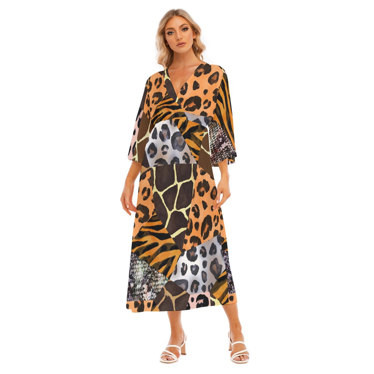 All-Over Print Women's Mid-Sleeve Long Dress