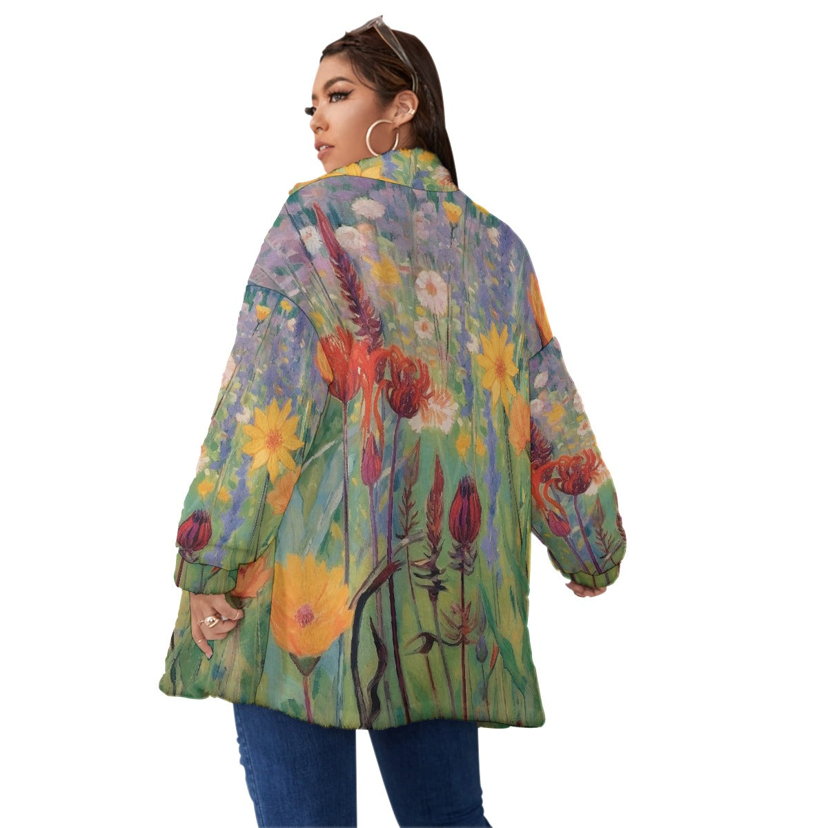 All-Over Print Unisex Borg Fleece Stand-up Collar Coat With Zipper Closure(Plus Size)