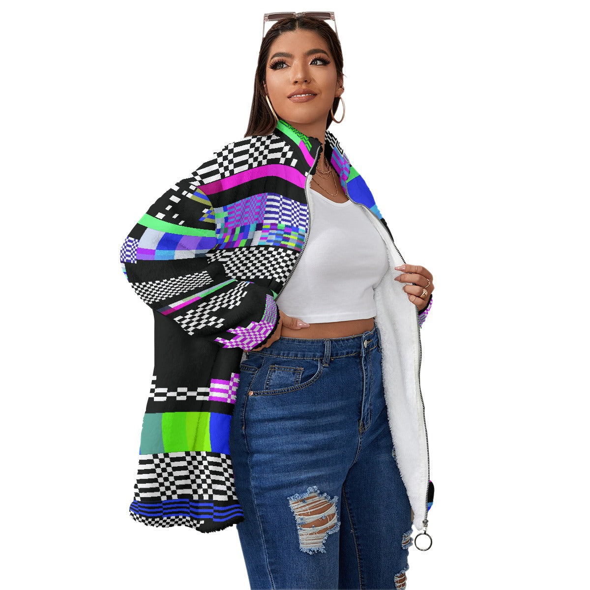 All-Over Print Unisex Borg Fleece Stand-up Collar Coat With Zipper Closure(Plus Size)