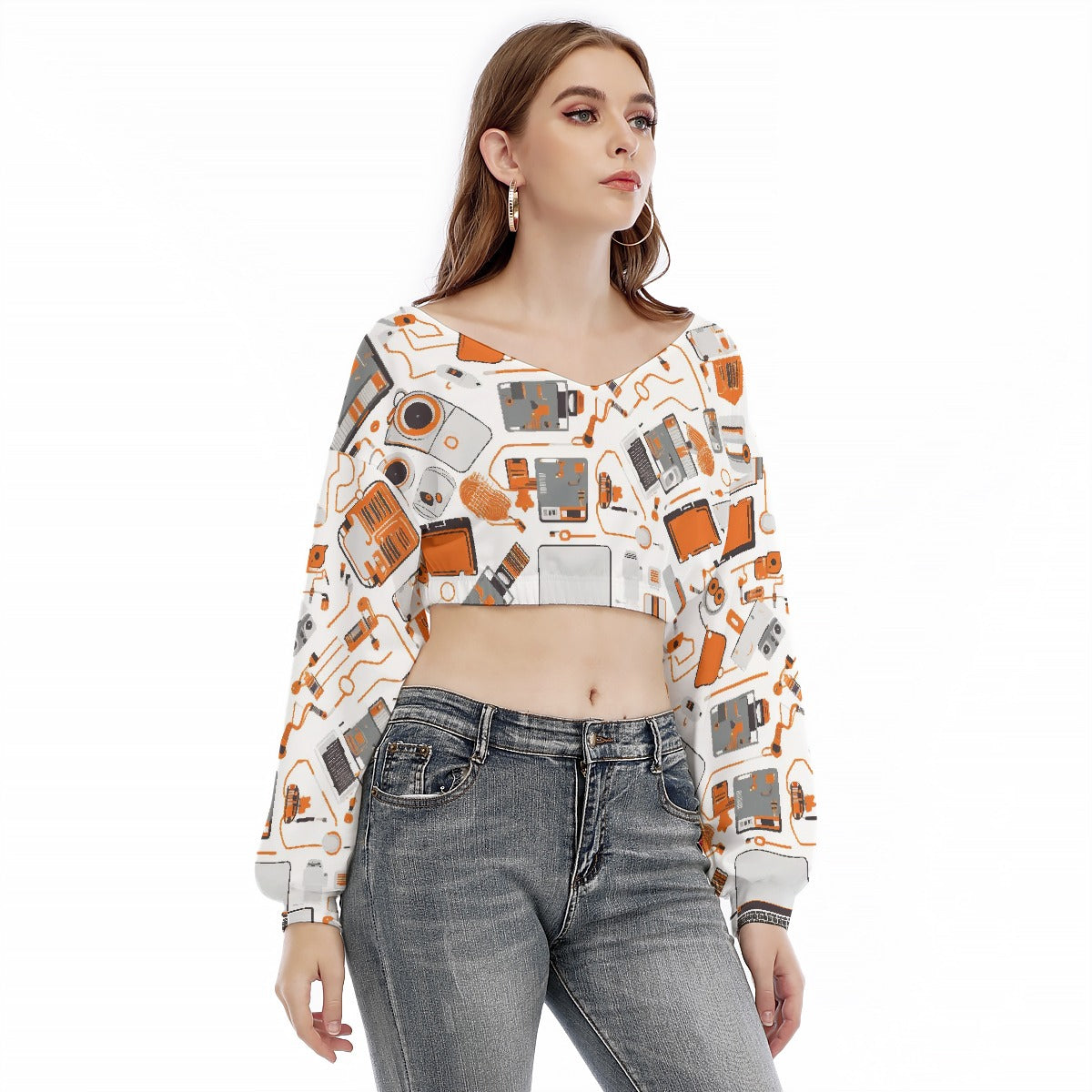 All-Over Print Women's V-neck Long Sleeve Cropped Sweatshirt