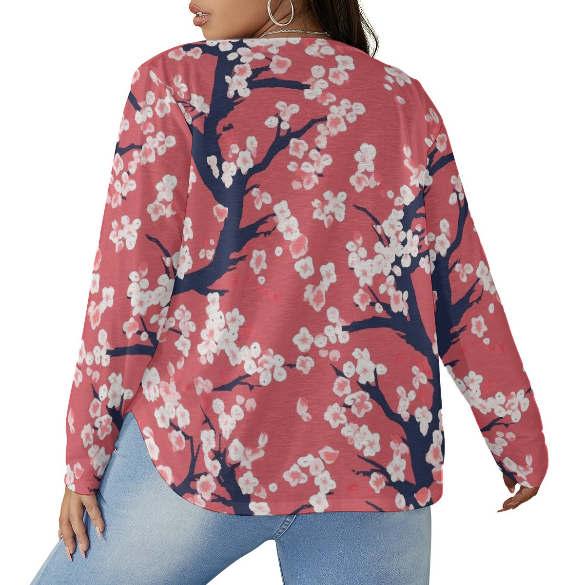 All-Over Print Women's V-neck T-shirt With Curved Hem(Plus Size)