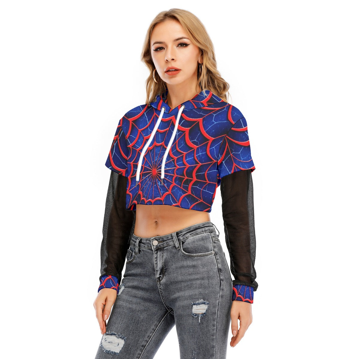 All-Over Print Women's Fake Two-piece Mesh Sleeve Cropped Hoodie