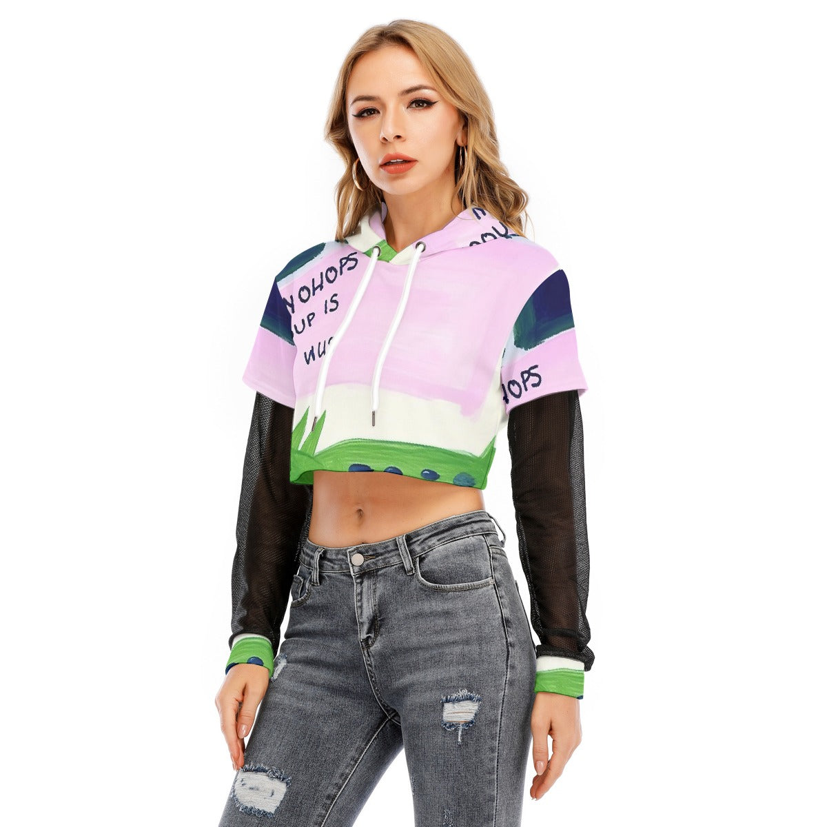 All-Over Print Women's Fake Two-piece Mesh Sleeve Cropped Hoodie