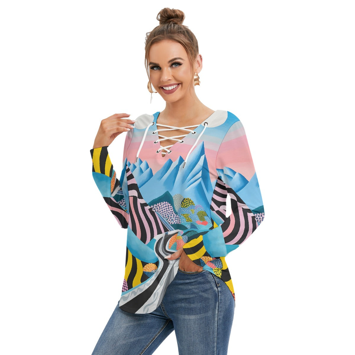 All-Over Print Women's Long Sleeve Neckline Tie Sweatshirt