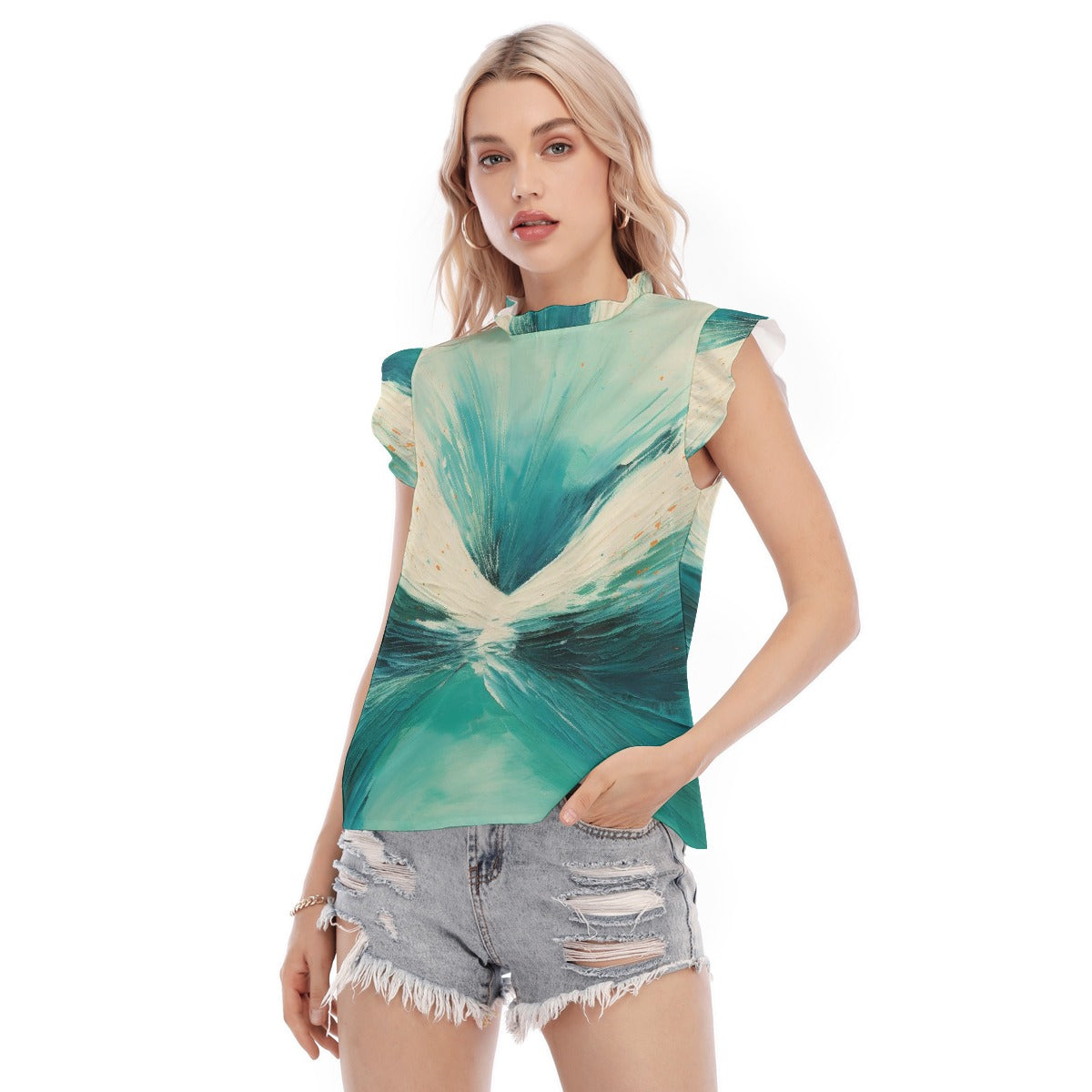 All-Over Print Women's Blouse With Ruffle Collar And Sleeve