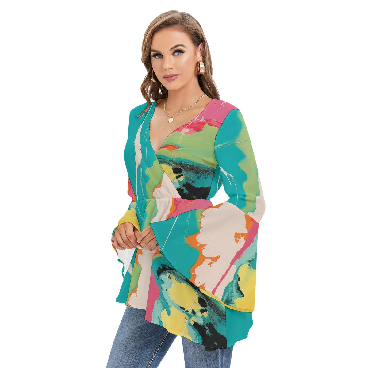 All-Over Print Women's V-neck Blouse With Flared Sleeves