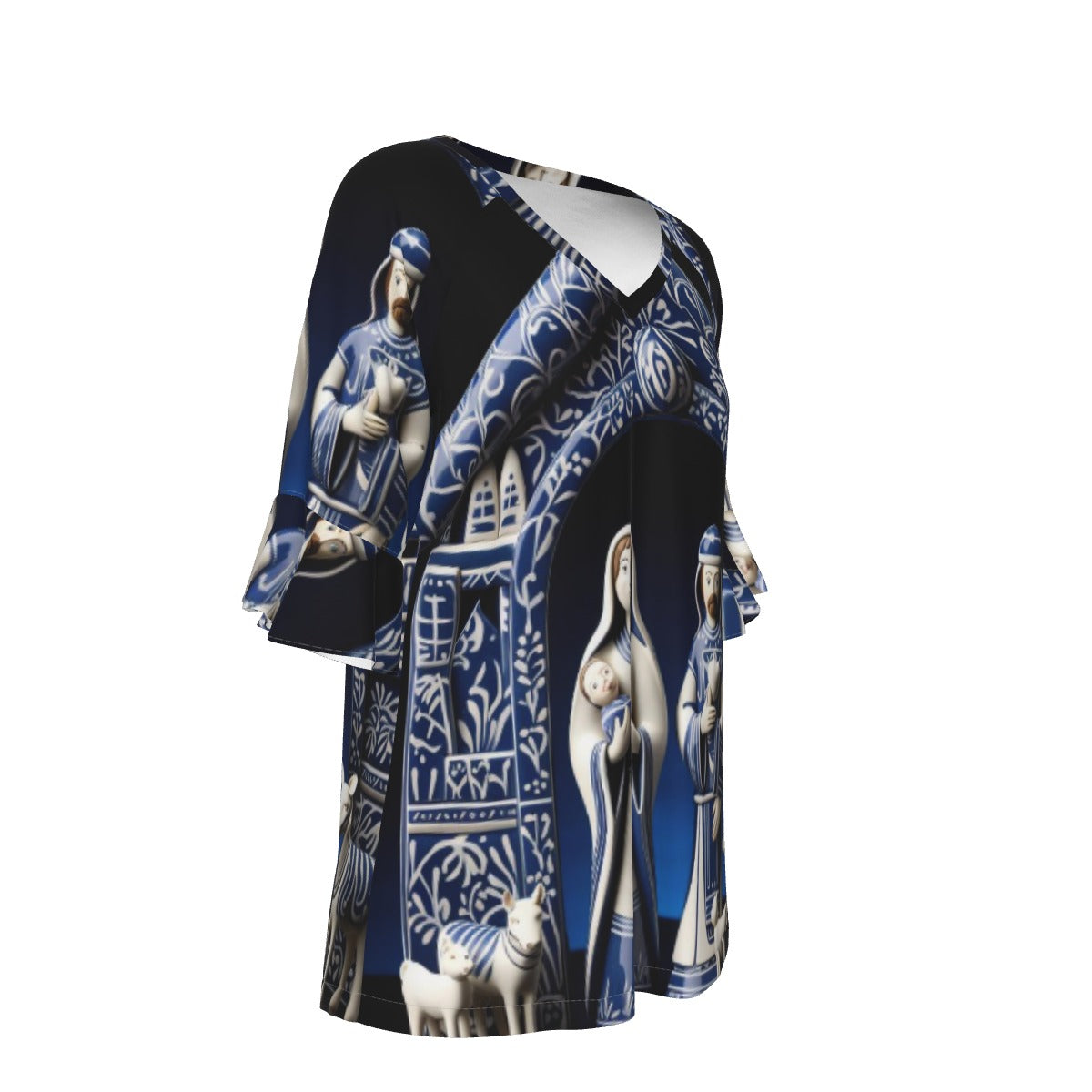 All-Over Print V-neck Women's T-shirt With Bell Sleeve