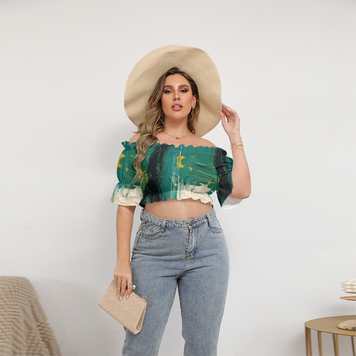 All-Over Print Women's Off-shoulder Cropped Top With Short Puff Sleeve