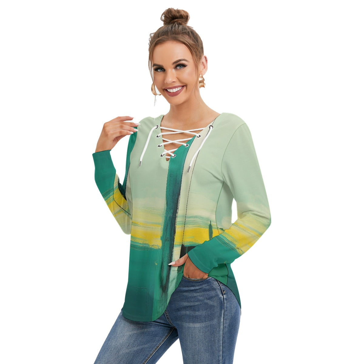 All-Over Print Women's Long Sleeve Neckline Tie Sweatshirt