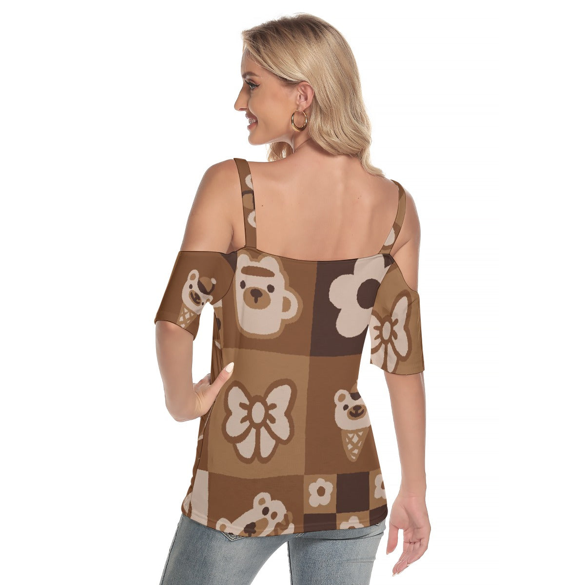 All-Over Print Women's Cold Shoulder T-shirt With Criss Cross Strips