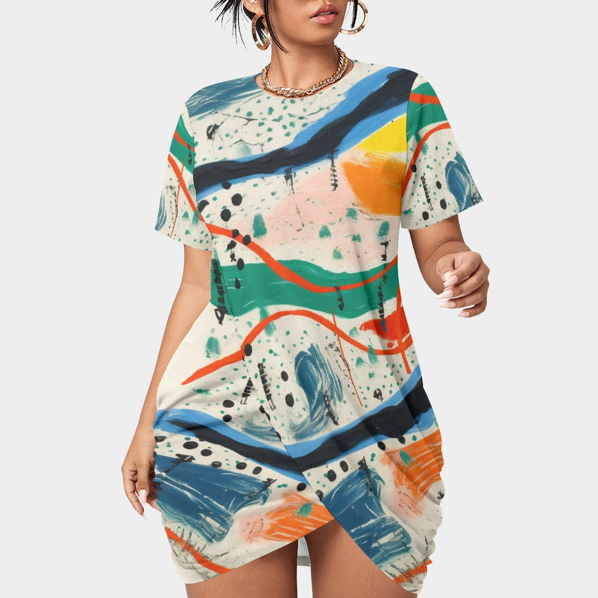 All-Over Print Women’s Stacked Hem Dress With Short Sleeve（Plus Size）