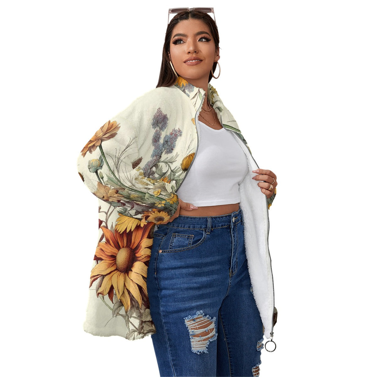 All-Over Print Unisex Borg Fleece Stand-up Collar Coat With Zipper Closure(Plus Size)