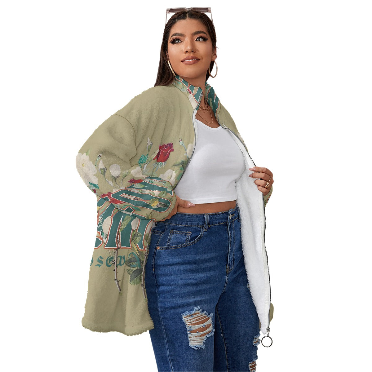 All-Over Print Unisex Borg Fleece Stand-up Collar Coat With Zipper Closure(Plus Size)