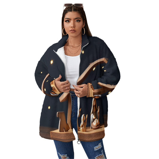 All-Over Print Unisex Borg Fleece Stand-up Collar Coat With Zipper Closure(Plus Size)