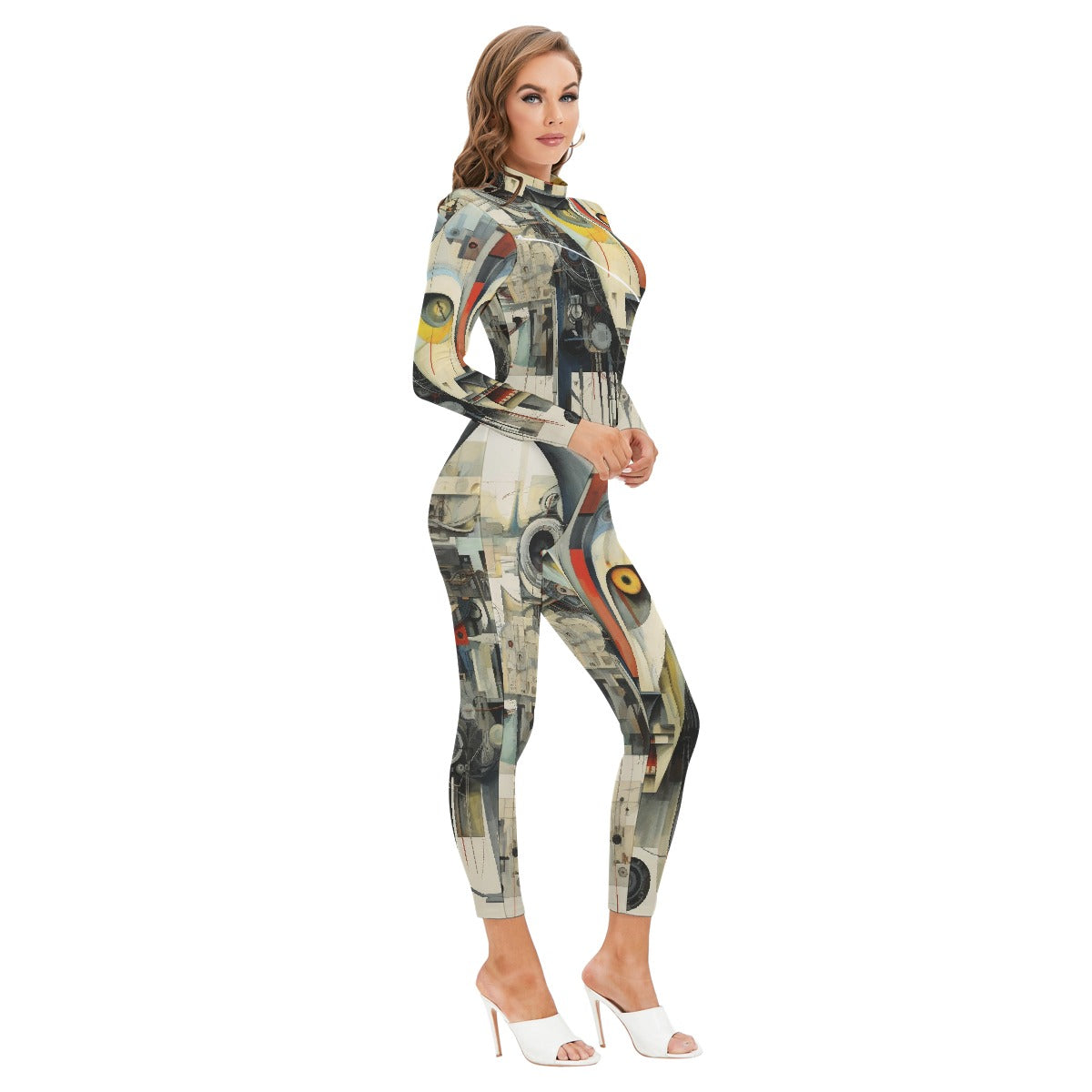 All-Over Print Women's Long-sleeved High-neck Jumpsuit With Zipper