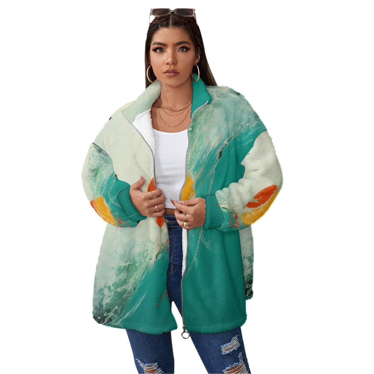 All-Over Print Unisex Borg Fleece Stand-up Collar Coat With Zipper Closure(Plus Size)