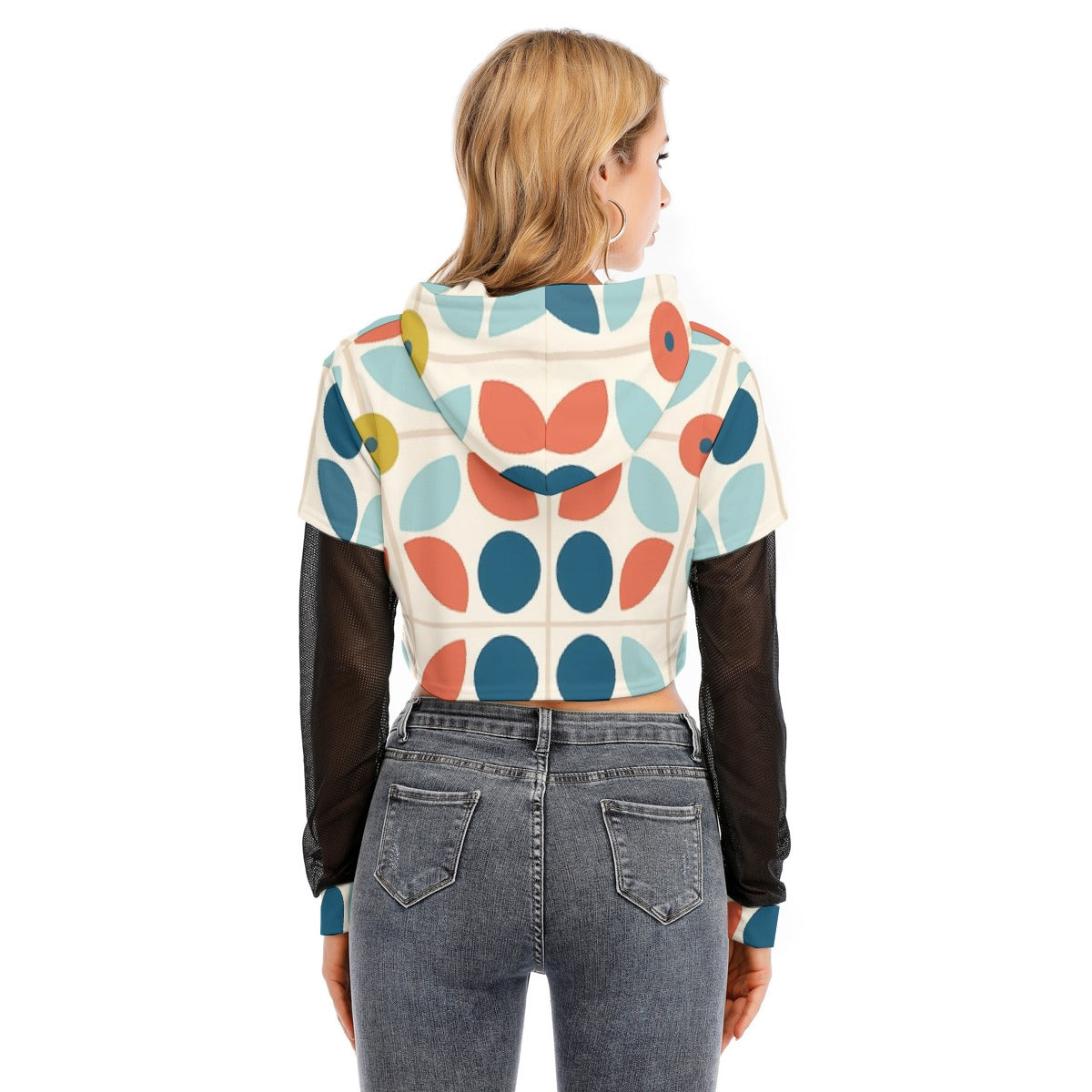 All-Over Print Women's Fake Two-piece Mesh Sleeve Cropped Hoodie