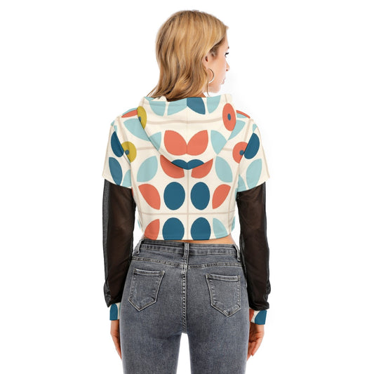 All-Over Print Women's Fake Two-piece Mesh Sleeve Cropped Hoodie