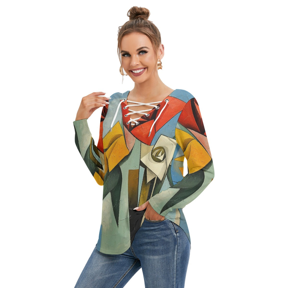 All-Over Print Women's Long Sleeve Neckline Tie Sweatshirt