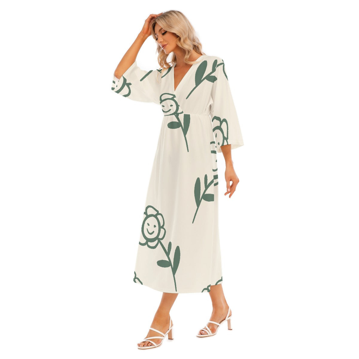 All-Over Print Women's Mid-Sleeve Long Dress