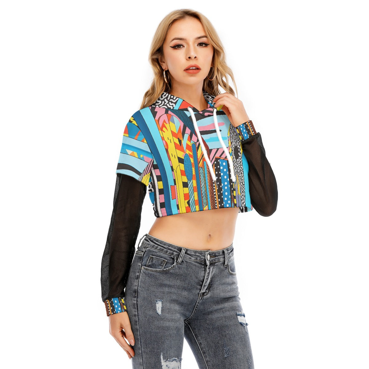 All-Over Print Women's Fake Two-piece Mesh Sleeve Cropped Hoodie