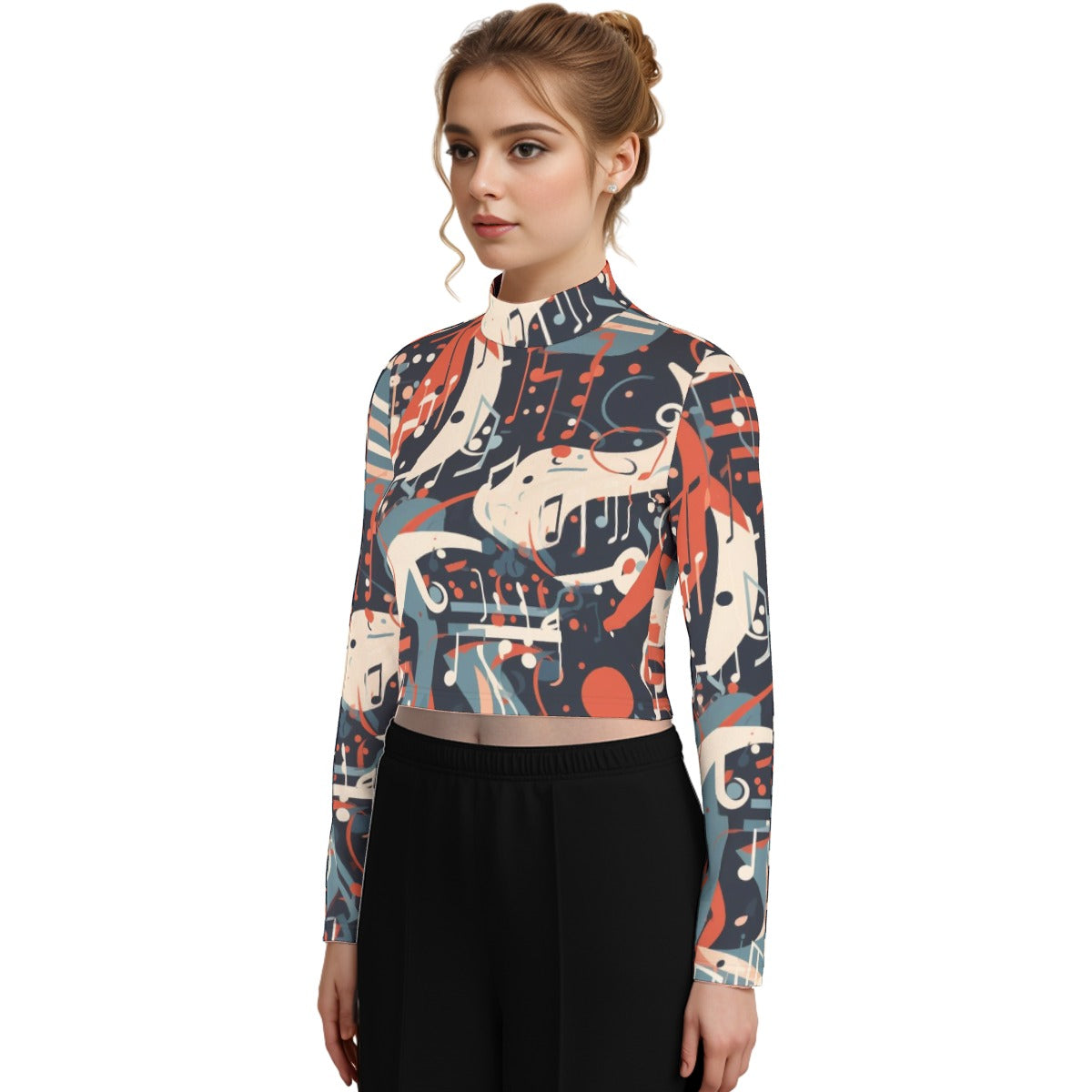 Eco-Friendly All-Over Print Women's Turtleneck T-shirt With Long Sleeve