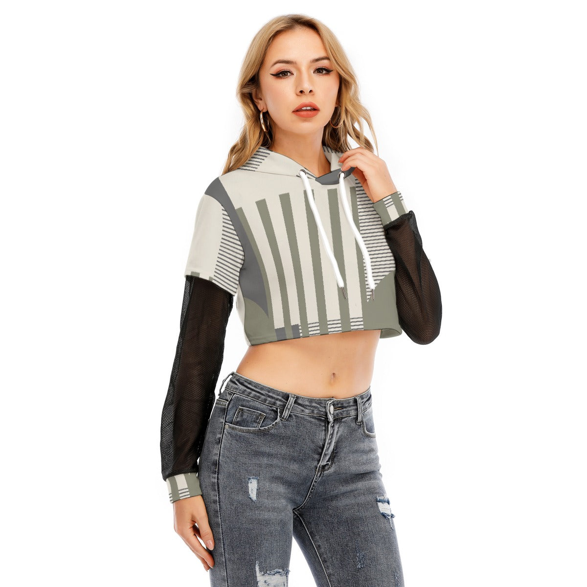 All-Over Print Women's Fake Two-piece Mesh Sleeve Cropped Hoodie