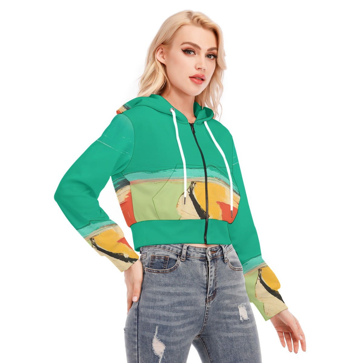 All-Over Print Women's Crop Top Hoodie With Zipper Closure