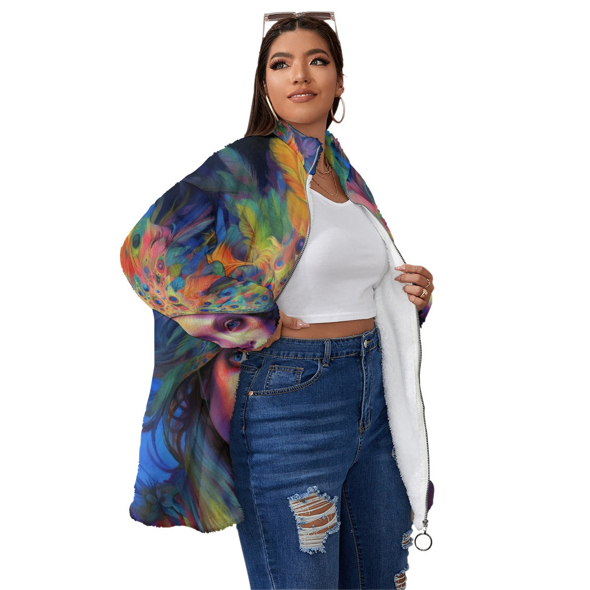 All-Over Print Unisex Borg Fleece Stand-up Collar Coat With Zipper Closure(Plus Size)