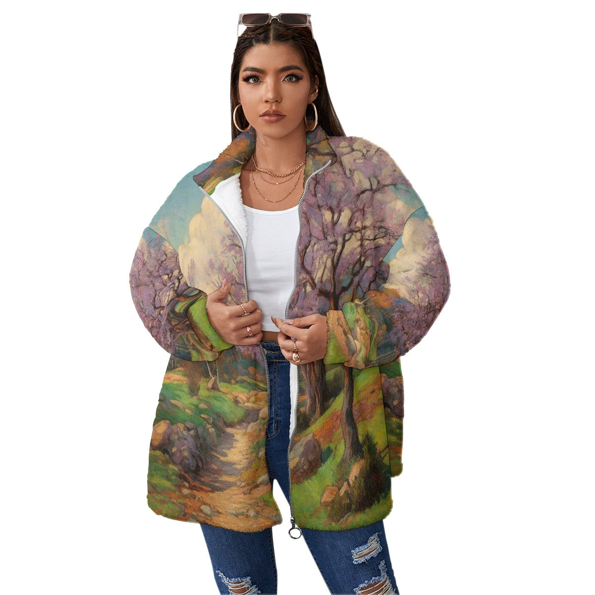 All-Over Print Unisex Borg Fleece Stand-up Collar Coat With Zipper Closure(Plus Size)