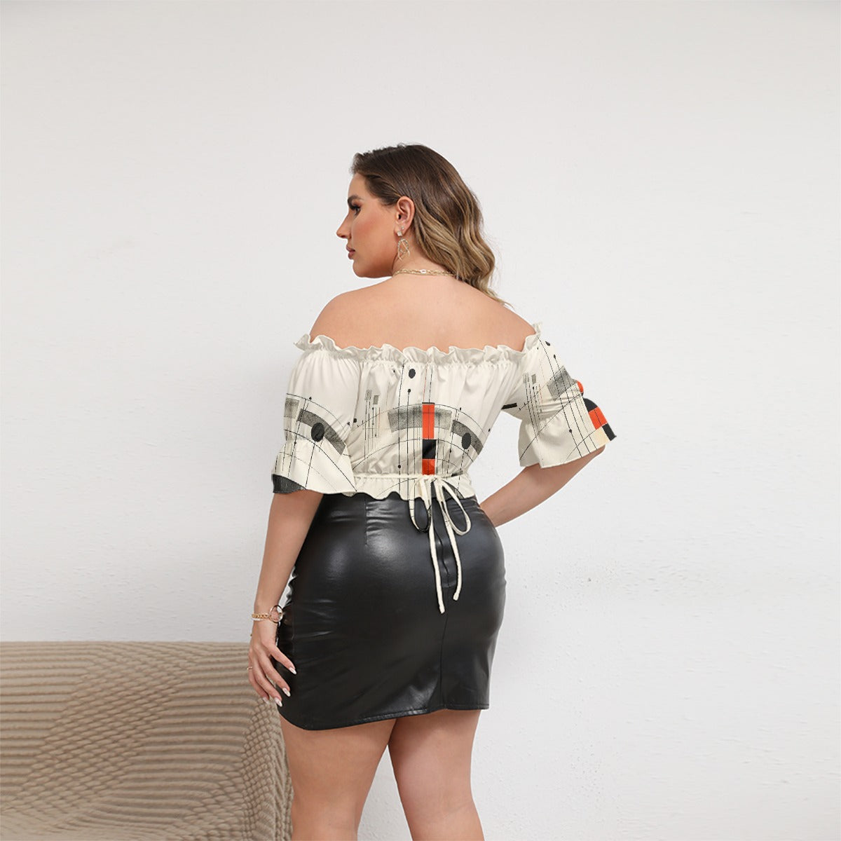 All-Over Print Women's Off-shoulder Cropped Top With Short Puff Sleeve