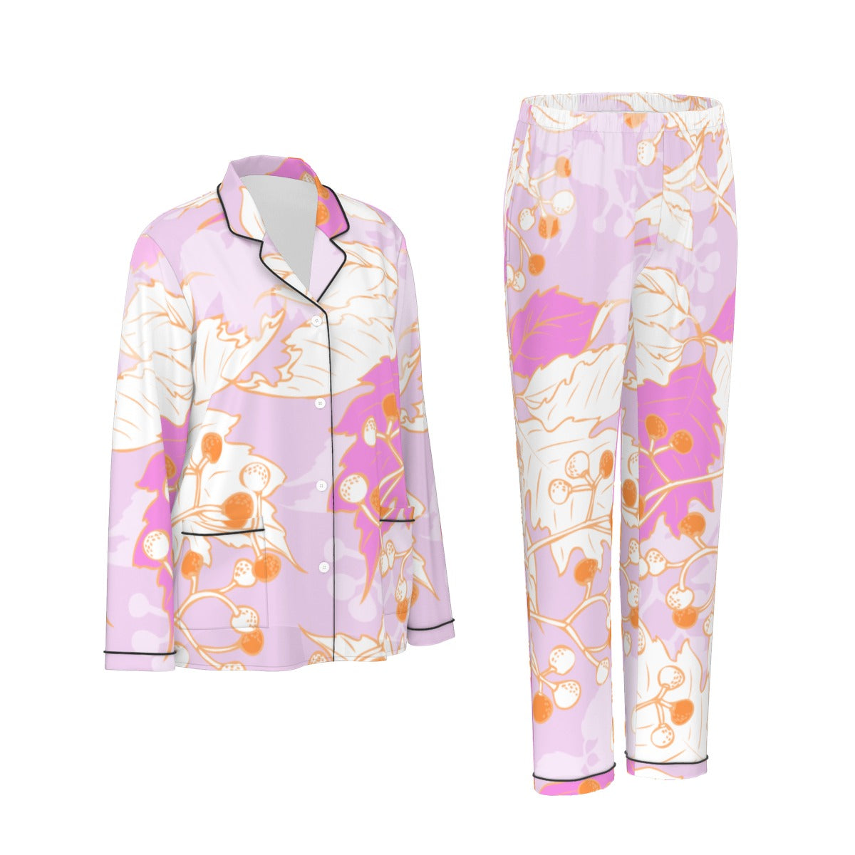 All-Over Print Women's Long Sleeve Pajama Set With Black Contrast Piping