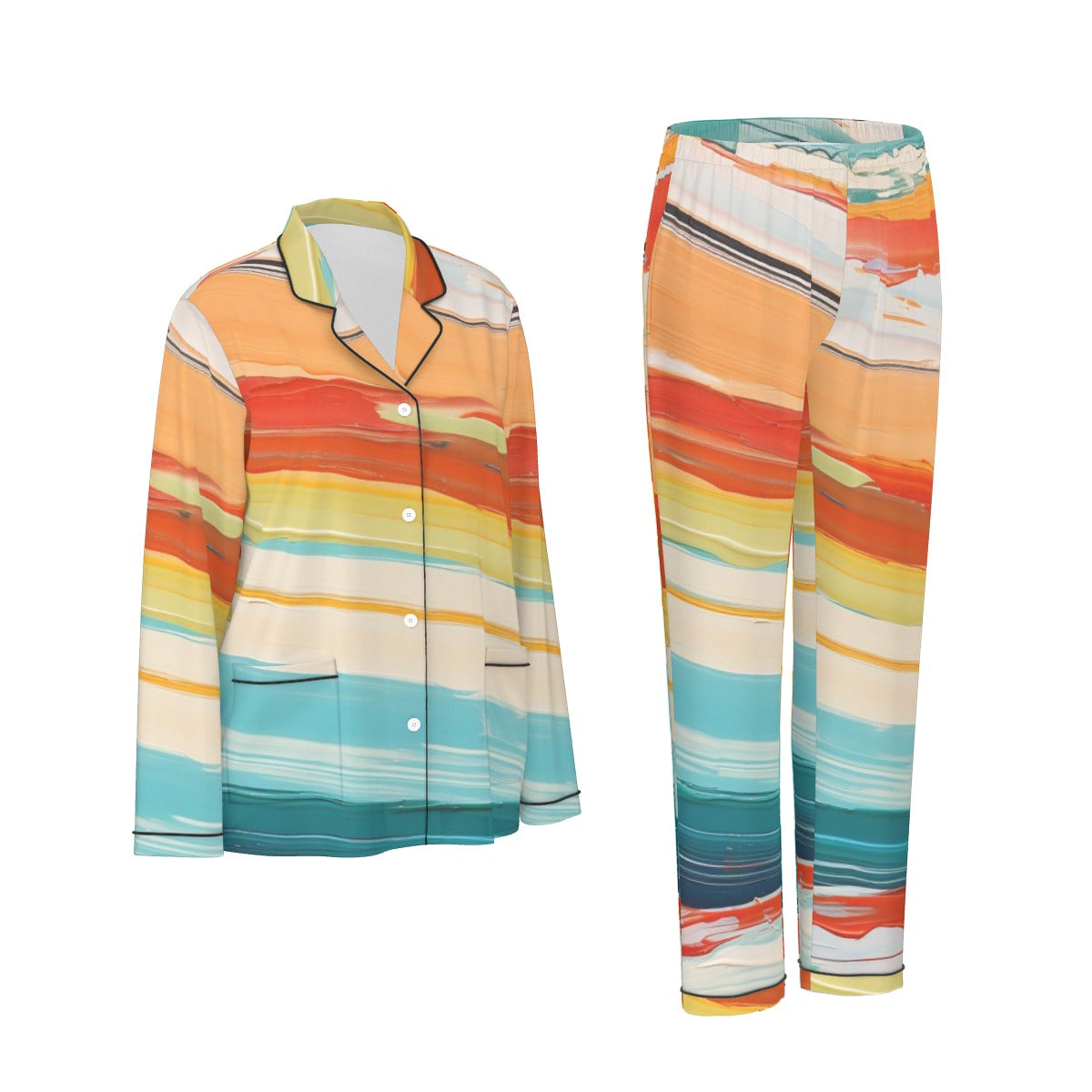 All-Over Print Women's Long Sleeve Pajama Set With Black Contrast Piping